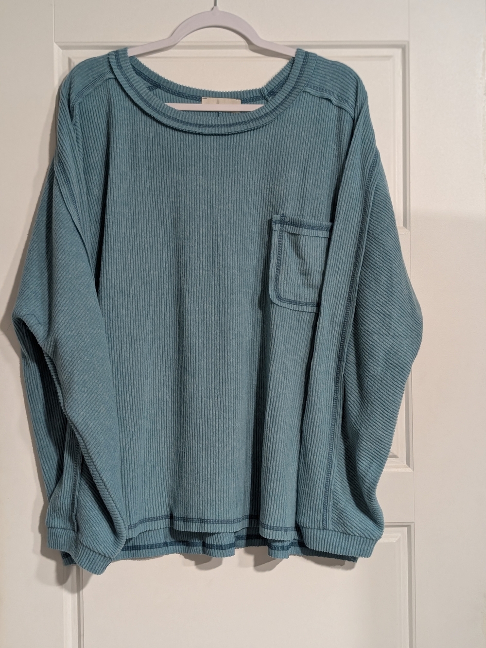Zenana Outfitters Men's Teal Ribbed Crewneck Sweater with Chest Pocket